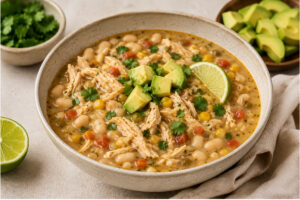 Bowl of white bean and chicken chili topped with avocado, cilantro, and lime.