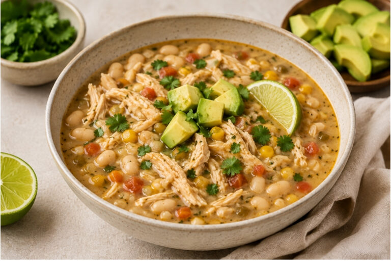Bowl of white bean and chicken chili topped with avocado, cilantro, and lime.