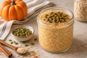 Jar of pumpkin overnight oats topped with pumpkin seeds and cinnamon.