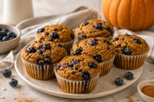 Pumpkin blueberry muffins with juicy blueberries and warm spices.