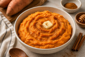 Creamy cinnamon mashed sweet potatoes topped with butter and warm spices.