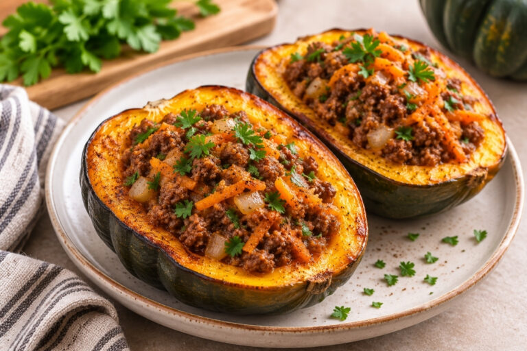 Roasted acorn squash halves stuffed with ground beef, carrots, onions, and parsley.
